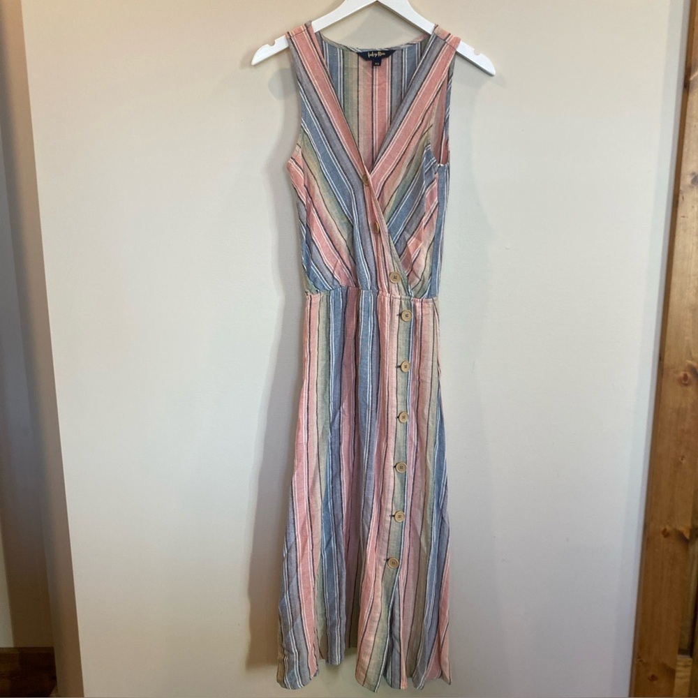 Indigo Rein Pastel Linen Blend Striped Button V Neck Midi Dress in Size XS